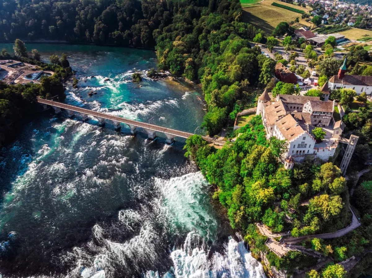 Panoramic views of the Rhine Falls in Switzerland